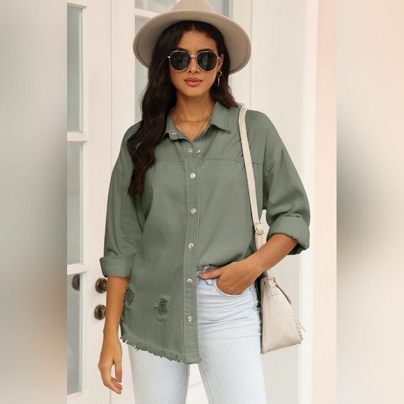 Distressed Snap Down Raw Hem Denim Jacket SALE 20% OFF - Picture 1 of 4